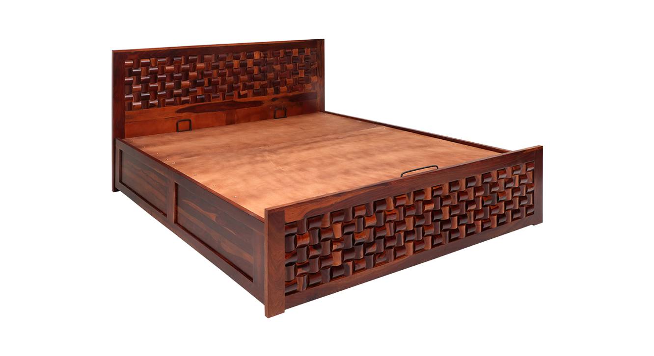 Julieta Solid Wood Queen Size Hydraulic Storage Bed in Honey Finish