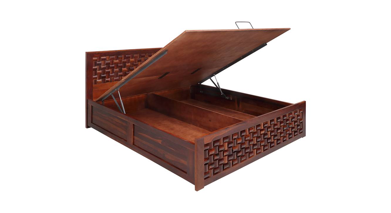 Julieta Solid Wood Queen Size Hydraulic Storage Bed in Honey Finish