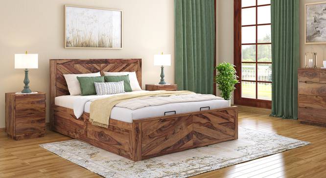 Almaya Solid Wood Hydraulic Storage Bed (Teak Finish, Queen Bed Size) by Urban Ladder - Design 1 Full View - 565157
