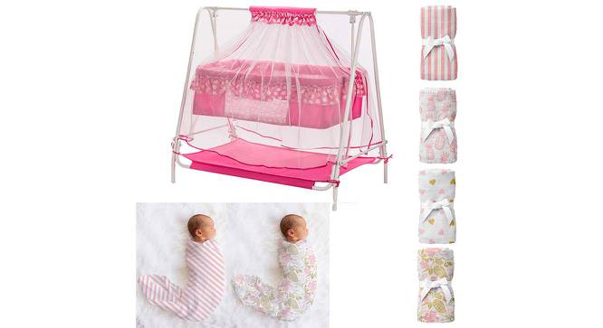 Ares Stainless Steel Baby Cradle with Mosquito Net - Floral & Stripes Florals & Stripes (Pink, Painted Finish) by Urban Ladder - Front View Design 1 - 568291