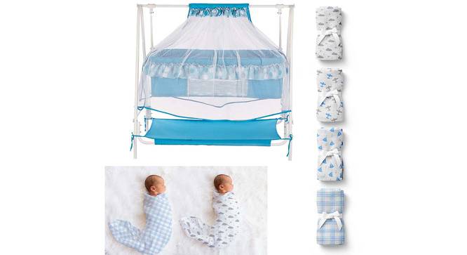 Ares Stainless Steel Baby Cradle with Mosquito Net - Clouds & Checks Clouds &Checks (Blue, Painted Finish) by Urban Ladder - Front View Design 1 - 568292