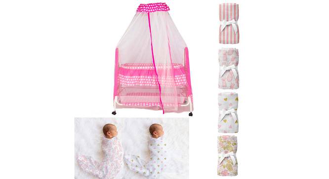 Aurora Stainless Steel Baby Cradle with Mosquito Net Pineapple & Heart (Pink, Painted Finish) by Urban Ladder - Front View Design 1 - 568294