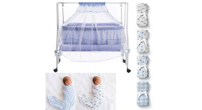 Maia Stainless Steel Baby Cradle with Mosquito Net Clouds &Checks (Blue, Painted Finish) by Urban Ladder - Front View Design 1 - 568295