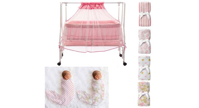 Polkamania Stainless Steel Baby Cradle with Mosquito Net Florals & Stripes (Pink, Painted Finish) by Urban Ladder - Front View Design 1 - 568296