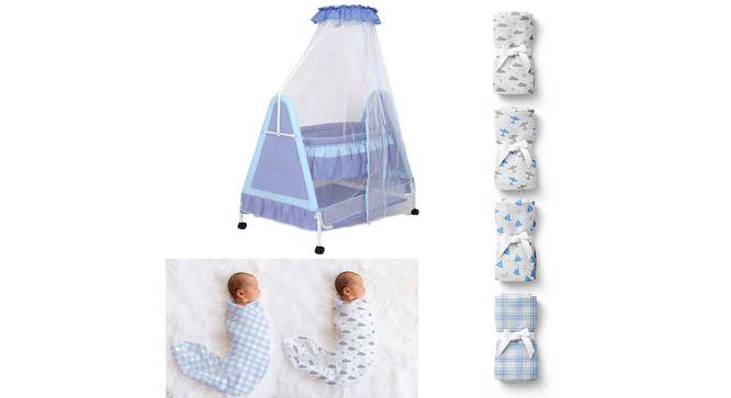 Polkamania Stainless Steel Baby Cradle with Mosquito Net Clouds &Checks (Blue, Painted Finish) by Urban Ladder - Front View Design 1 - 568297