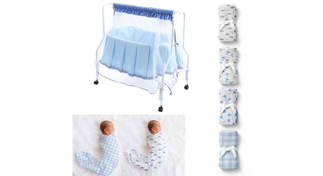 Lyra Stainless Steel Baby Cradle with Mosquito Net Clouds &Checks (Blue, Painted Finish) by Urban Ladder - Front View Design 1 - 568299