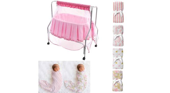 Mira Stainless Steel Baby Cradle with Mosquito Net Florals & Stripes (Pink, Painted Finish) by Urban Ladder - Front View Design 1 - 568301