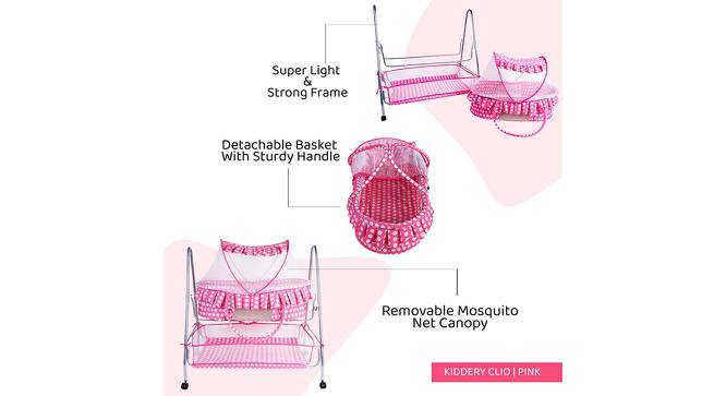 Clio Stainless Steel Baby Cradle with Mosquito Net Florals & Stripes (Pink, Painted Finish) by Urban Ladder - Front View Design 1 - 568302