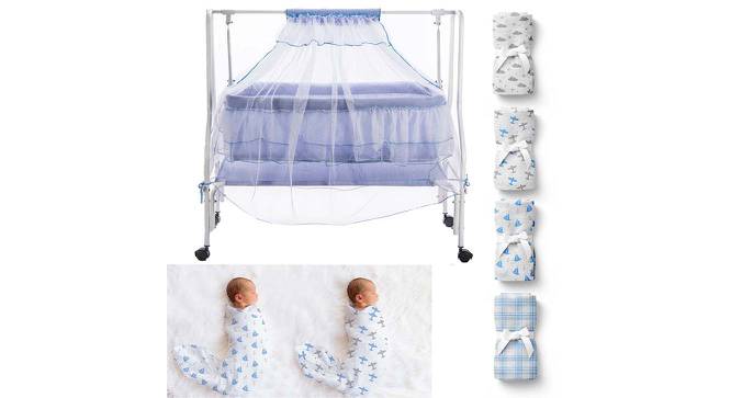Maia Stainless Steel Baby Cradle with Mosquito Net Airplane & Yatch (Blue, Painted Finish) by Urban Ladder - Front View Design 1 - 568367