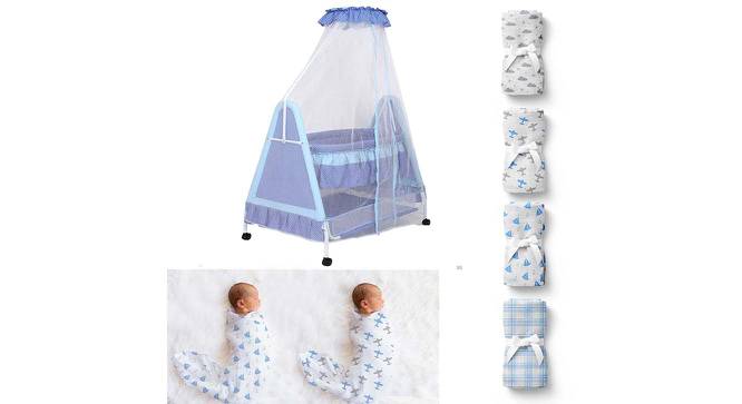 Polkamania Stainless Steel Baby Cradle with Mosquito Net Airplane & Yatch (Blue, Painted Finish) by Urban Ladder - Front View Design 1 - 568369