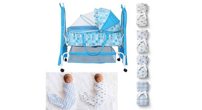 Bella Baloo Stainless Steel Baby Cradle with Mosquito Net Clouds &Checks (Blue, Painted Finish) by Urban Ladder - Front View Design 1 - 568370