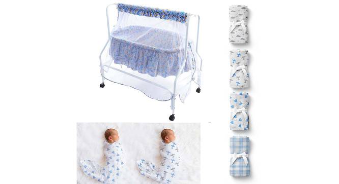 Mira Stainless Steel Baby Cradle with Mosquito Net Airplane & Yatch (Blue, Painted Finish) by Urban Ladder - Front View Design 1 - 568372