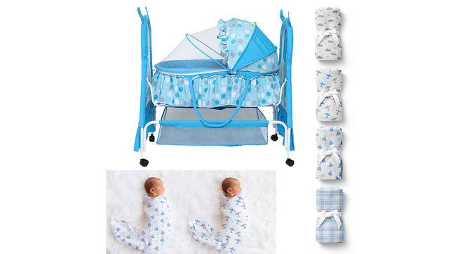 Bella Baloo Stainless Steel Baby Cradle with Mosquito Net Clouds &Checks (Blue, Painted Finish) by Urban Ladder - Cross View Design 1 - 568383