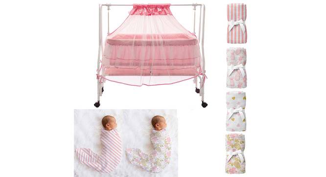 Maia Stainless Steel Baby Cradle with Mosquito Net Florals & Stripes (Pink, Painted Finish) by Urban Ladder - Front View Design 1 - 568446