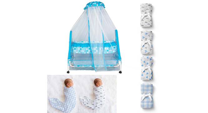 Aurora Stainless Steel Baby Cradle with Mosquito Net Clouds &Checks (Blue, Painted Finish) by Urban Ladder - Front View Design 1 - 568533