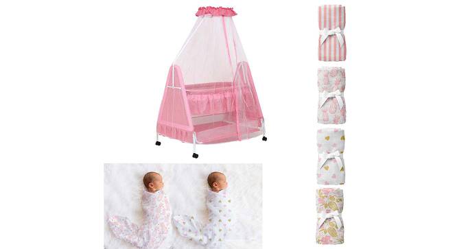 Polkamania Stainless Steel Baby Cradle with Mosquito Net Pineapple & Heart (Pink, Painted Finish) by Urban Ladder - Front View Design 1 - 568534