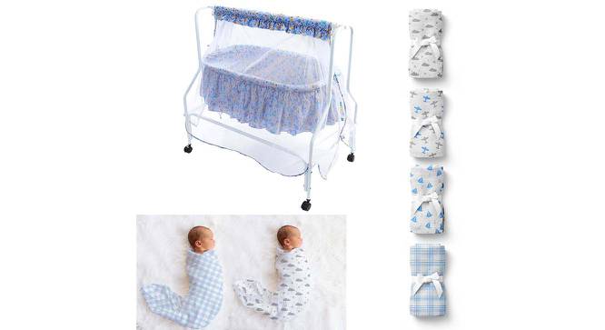 Mira Stainless Steel Baby Cradle with Mosquito Net Clouds &Checks (Blue, Painted Finish) by Urban Ladder - Front View Design 1 - 568535