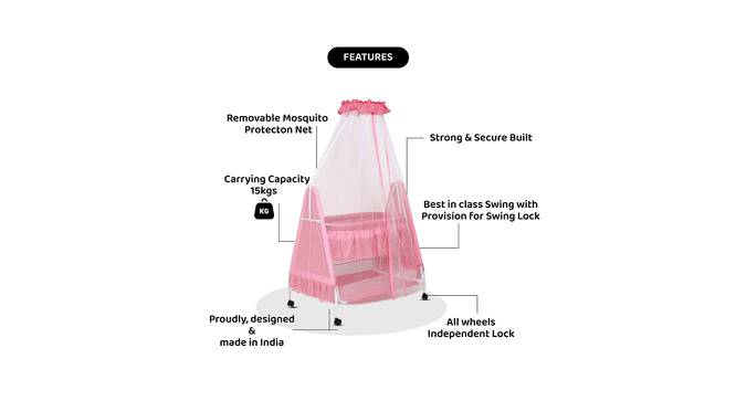 Polkamania Metal Baby Cradle with Mosquito Protection Net - Pink (Pink, Painted Finish) by Urban Ladder - Cross View Design 1 - 568622
