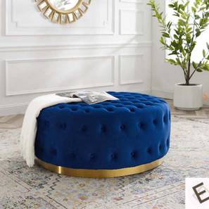 Tuffted Button Round Ottoman in Royal Navy Blue Velvet with Golden Base-image-2