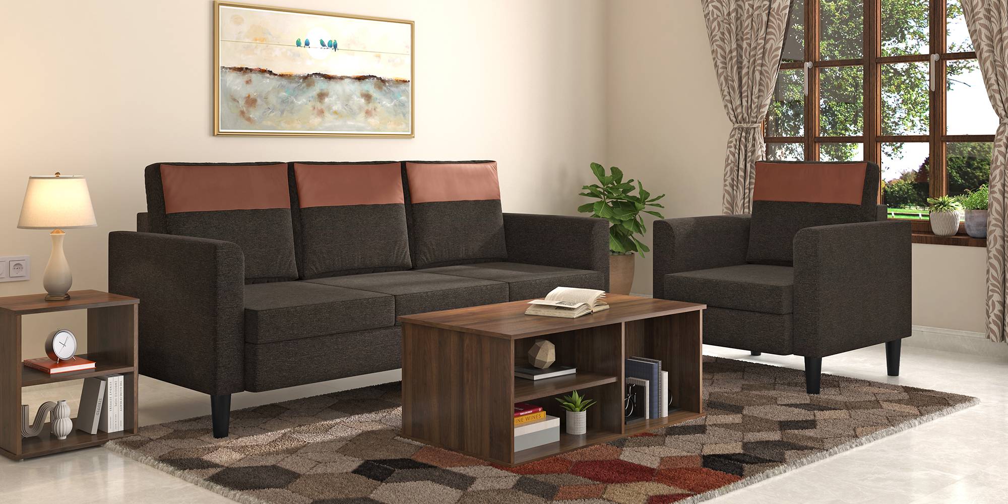 Hugo Fabric Sofa (Cedar Brown) - Urban Ladder