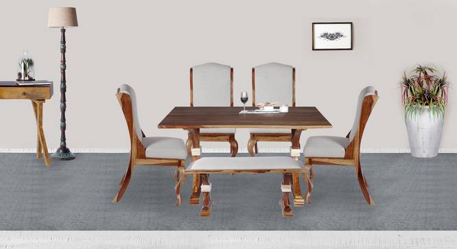 Nicole Solid Wood 6 Seater Dining Table with 4 Chairs & 1 Bench (Teak Finish, Teak) by Urban Ladder - Front View Design 1 - 594342