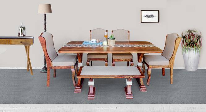 Traci Solid Wood 6 Seater Dining Table with 4 Chairs & 1 Bench (Teak Finish, Teak) by Urban Ladder - Front View Design 1 - 594489