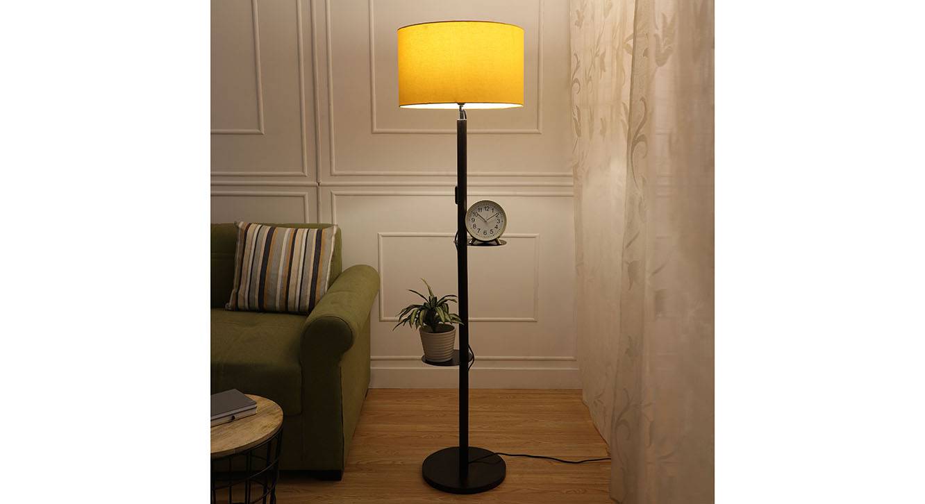 Ashton Yellow Cotton Shade Floor Lamp With Yellow & Brown Solid Wood