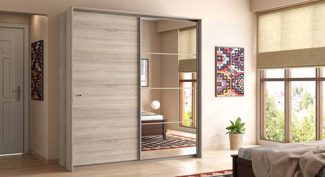 Loretta Sliding Door Wardrobe (With Mirror Mirror, Sonoma Oak and Silver Grey Finish) by Urban Ladder - Design 1 Full View - 605630