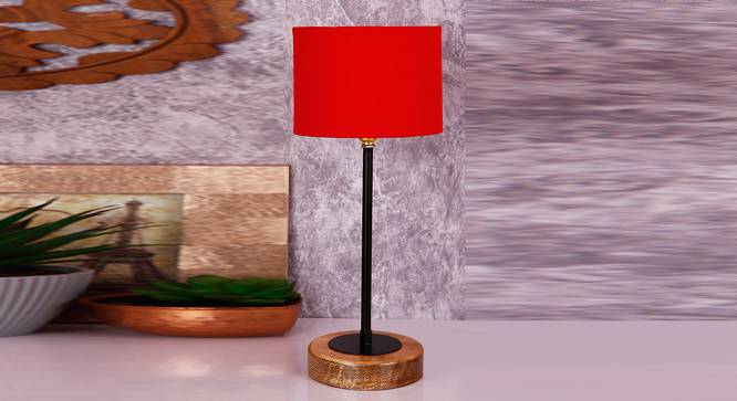 Rene Red Fabric Shade Table Lamp with Natural  Wood & Iron  Base (Red) by Urban Ladder - Front View Design 1 - 612106