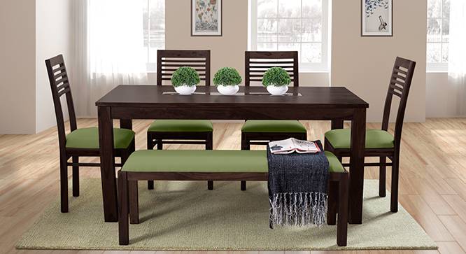 Brighton Large - Zella 6 Seater Dining Table Set (With Upholstered Bench) (Mahogany Finish, Avocado Green) by Urban Ladder - - 62800