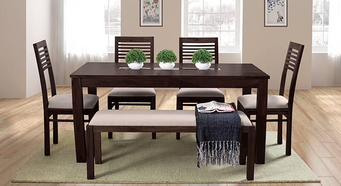 Brighton Large - Zella 6 Seater Dining Table Set (With Upholstered Bench) (Mahogany Finish, Wheat Brown) by Urban Ladder - - 62825
