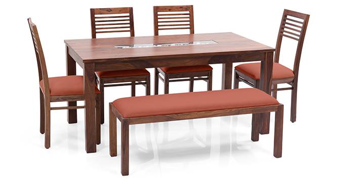 Brighton Large - Zella 6 Seater Dining Table Set (With Upholstered Bench) (Teak Finish, Burnt Orange) by Urban Ladder