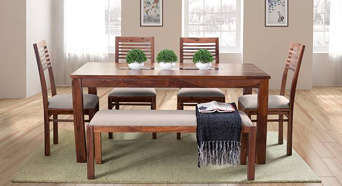 Brighton Large - Zella 6 Seater Dining Table Set (With Upholstered Bench) (Teak Finish, Wheat Brown) by Urban Ladder