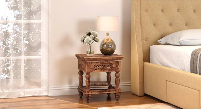 Miraya Solid Wood Bedside Table (Teak Finish) by Urban Ladder - Front View Design 1 - 648182