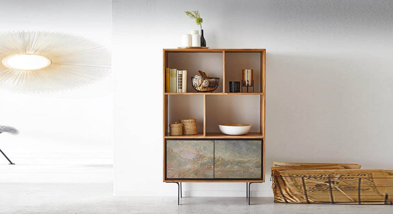 Jarrah Solid Wood Bookshelf in Natural & Stone Veneer Finish Urban Ladder