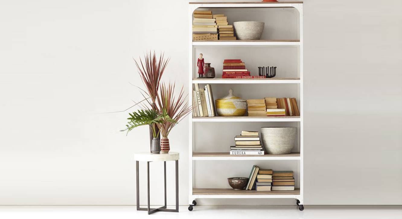Rolling Solid Wood Bookshelf in Natural & Metal White Finish Urban Ladder