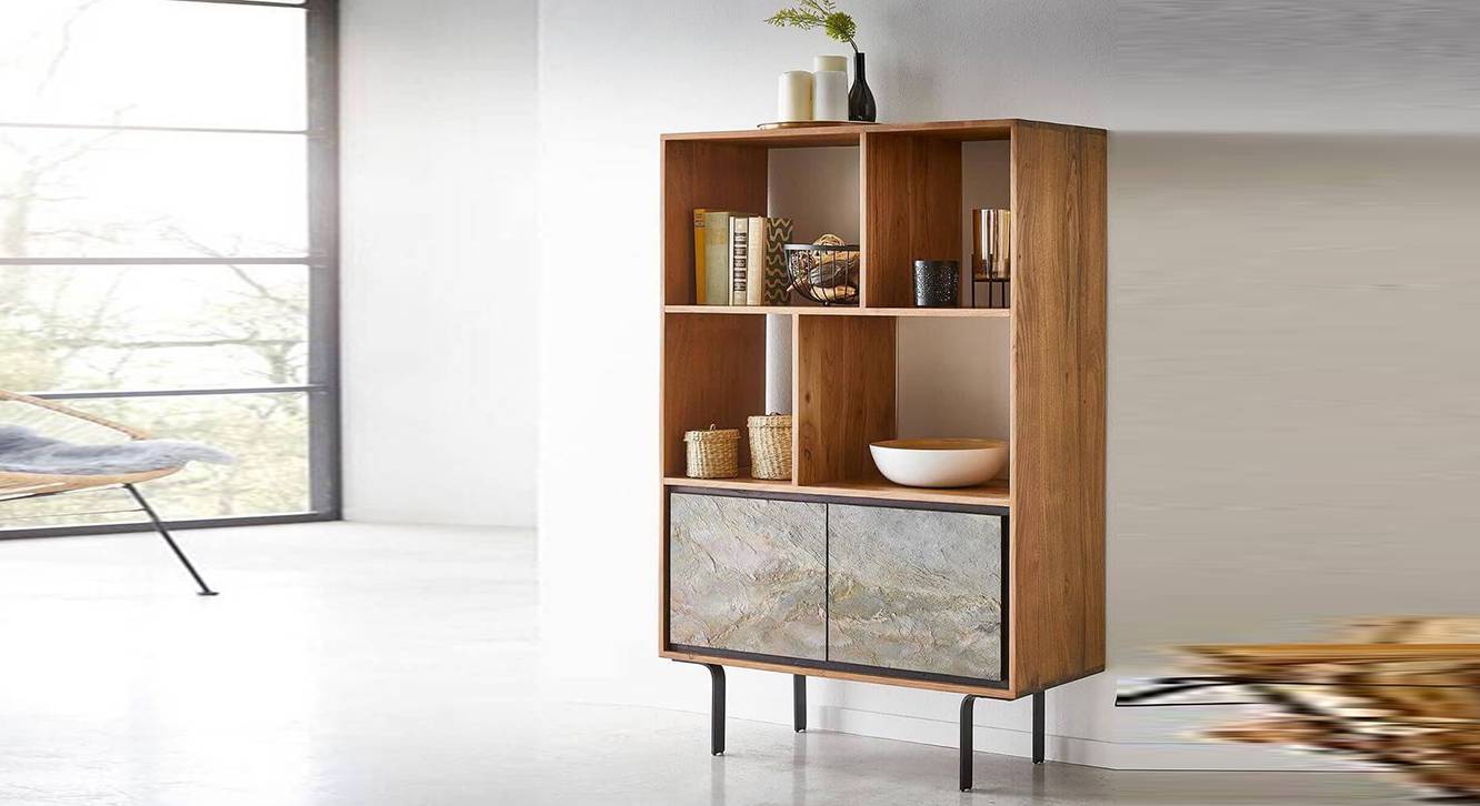 Jarrah Solid Wood Bookshelf in Natural & Stone Veneer Finish Urban Ladder