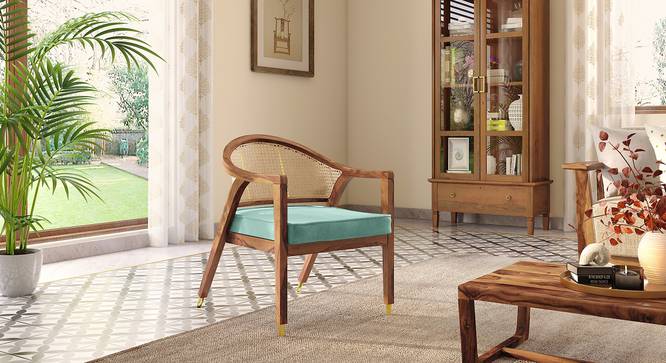 Hayworh lounge chair (Teak Finish, Dusty Turquoise Velvet) by Urban Ladder - Front View Design 1 - 675615