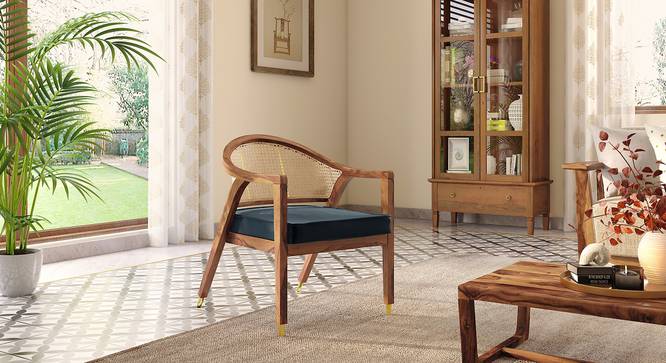 Hayworh lounge chair (Teak Finish, Sea Port Blue Velvet) by Urban Ladder - Front View Design 1 - 675616