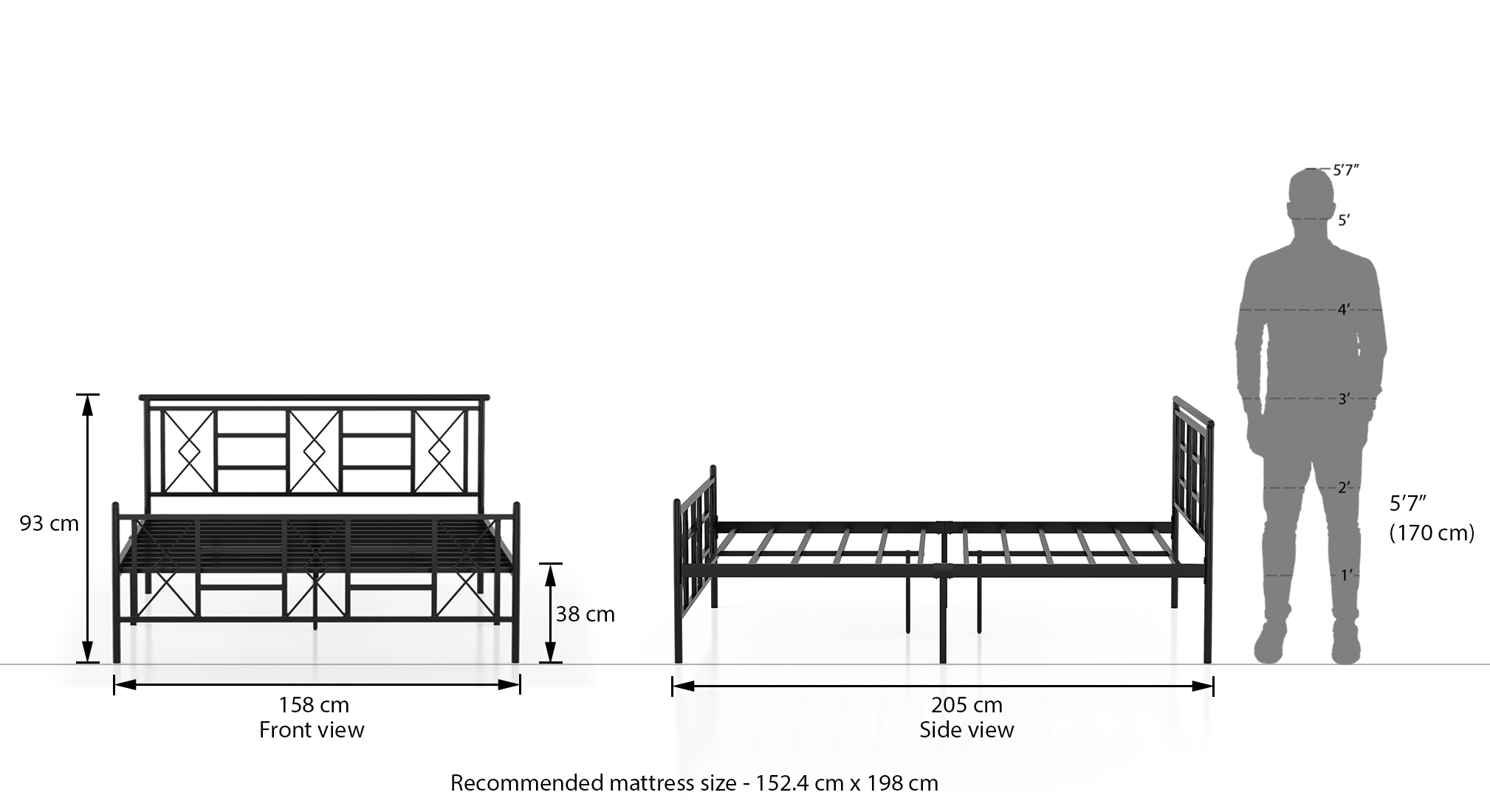 Tunex Metal Queen Size Non Storage Bed in Black Finish Urban Ladder