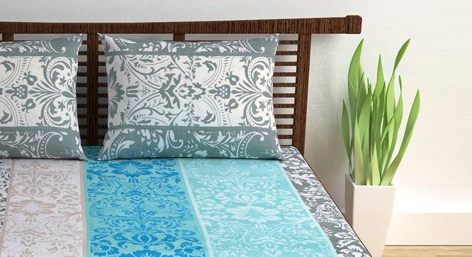 Divine Casa Cotton 2 Double Bedsheet with 4 Pillowcover - White & Blue (Queen Size, Multicoloured) by Urban Ladder - Design 1 Side View - 678402