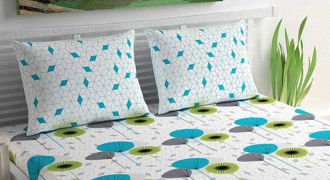 Divine Casa Cotton 2 Double Bedsheet with 4 Pillowcover - White & Turquoise Blue (Queen Size, Multicoloured) by Urban Ladder - Design 1 Side View - 678405