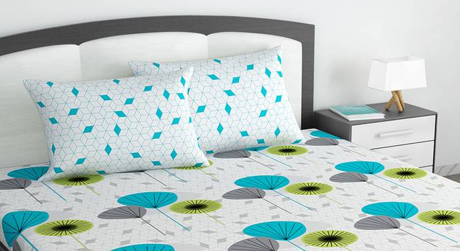 Divine Casa Cotton 2 King Bedsheet with 4 Pillowcover - Green & Turquoise Blue (King Size, Multicoloured) by Urban Ladder - Design 1 Side View - 678494