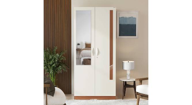 Bluewud Andrie Engineered Wood 2 Door Wardrobe with Mirror and Drawer, (Walnut & White) (With Mirror, With Drawer Configuration, White & Walnut Finish) by Urban Ladder - Front View Design 1 - 678864