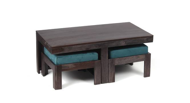Irish Sheesham Wood Coffee Table with 2 Stools Set in Mahogany Finish & Turquoise Sea Velvet fabric Cushions (Mahogany Finish) by Urban Ladder - Front View Design 1 - 679068