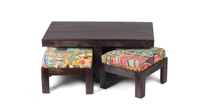 Irish Sheesham Wood Coffee Table with 2 Stools Set in Mahogany Finish & Turquoise Sea Velvet fabric Cushions (Mahogany Finish) by Urban Ladder - Design 1 Side View - 679083