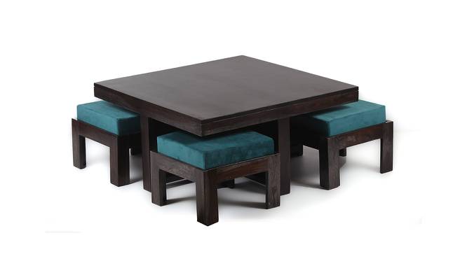 Blane Sheesham Wood Coffee Table with 4 Stools Set in Mahogany Finish & Turquoise Sea Velvet fabric Cushions (Mahogany Finish) by Urban Ladder - Front View Design 1 - 679161