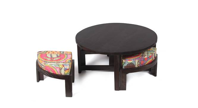 Nashville Sheesham Wood Coffee Table with 4 Stools Set in Mahogany Finish & Turquoise Sea Velvet fabric Cushions (Mahogany Finish) by Urban Ladder - Front View Design 1 - 679165