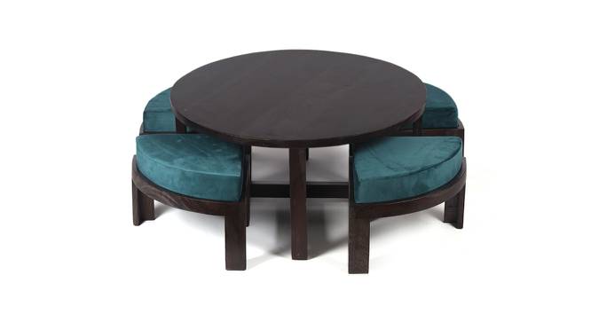 Nashville Sheesham Wood Coffee Table with 4 Stools Set in Mahogany Finish & Turquoise Sea Velvet fabric Cushions (Mahogany Finish) by Urban Ladder - Front View Design 1 - 679166