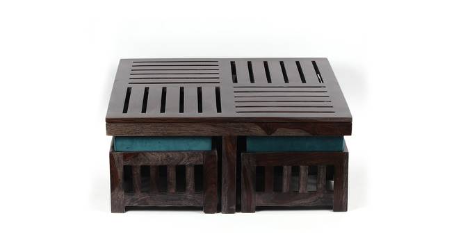 Palladio Sheesham Wood Coffee Table with 4 Stools Set in Teak Finish & Iron Grey Velvet fabric Cushions (Mahogany Finish) by Urban Ladder - Design 1 Side View - 679179
